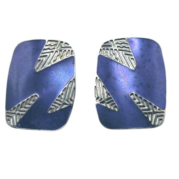 Purple Silver Earrings Abstract Tropical Leaf Geometric - Picture 1 of 3